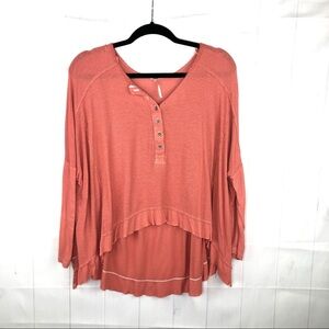 Free People Pink Waffle High Low Long Sleeve Shirt